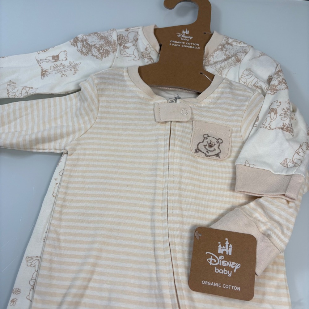 Disney Baby Kids 6-9M Tan Winnie the Pooh Sleepers New 2-Pack Organic Cotton